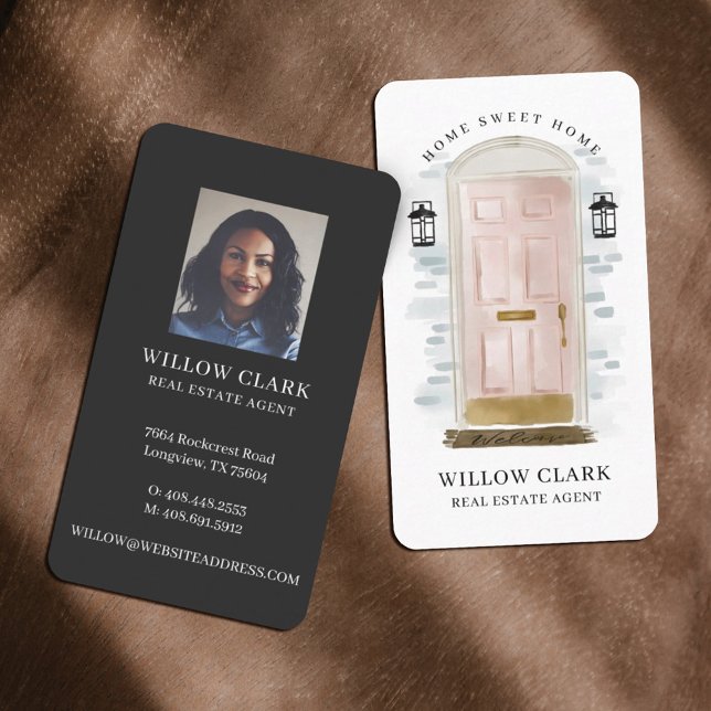 Carte De Visite Aquarelle rose Agent immobilier de porte avant (Créateur téléchargé)