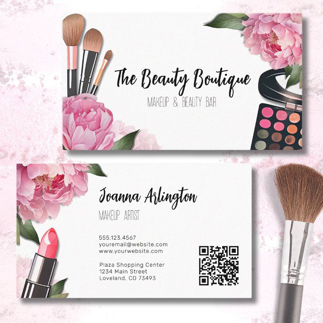 Carte De Visite Aquarelle rose Artiste maquillage de beauté (Cute Watercolor Floral Beauty Salon Makeup Artist Business Card)
