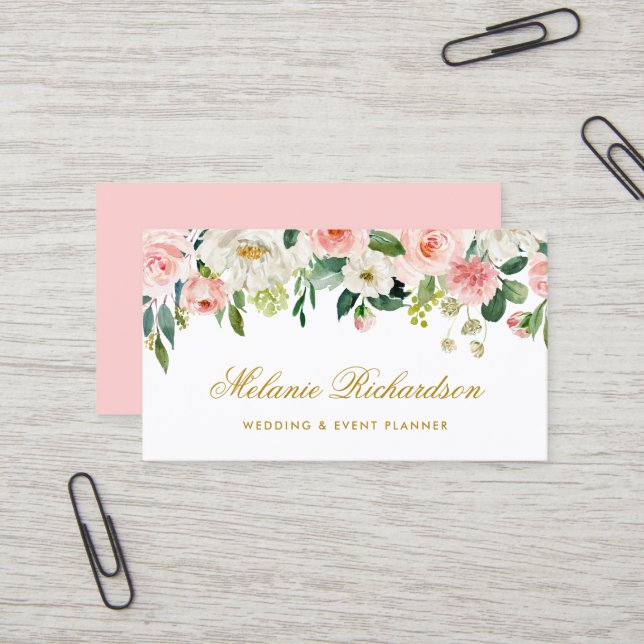 Carte De Visite Aquarelle rose Blush Blanc Floral Or élégant (Devant/Arrière en situation)