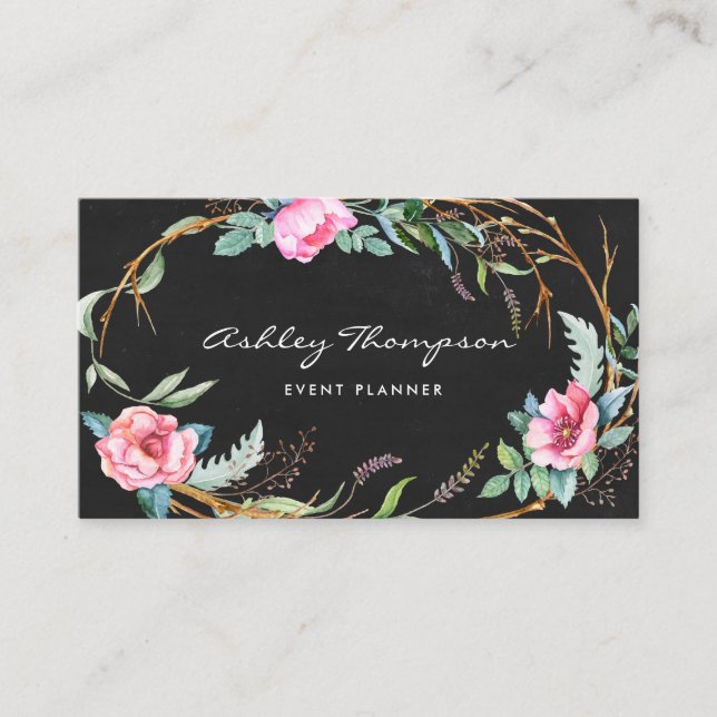 Carte De Visite Aquarelle rose Bohème Floral Wreath Chalkboard (Devant)