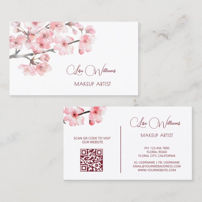 Carte De Visite Aquarelle rose cerisier fleurs noir (Devant / Derrière)