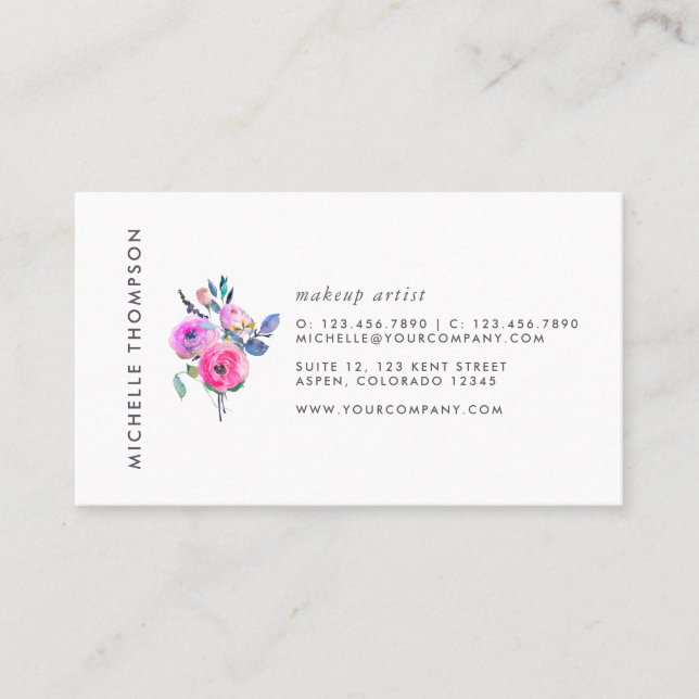 Carte De Visite Aquarelle rose chaud Floral (Devant)