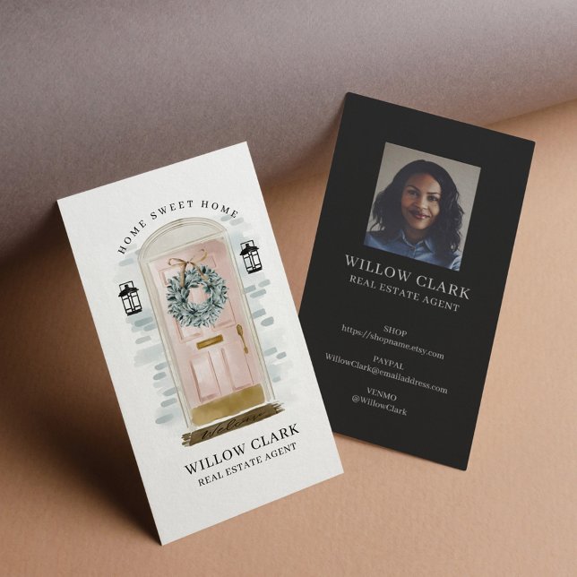 Carte De Visite Aquarelle rose devant porte Wreath Immobilier (Créateur téléchargé)