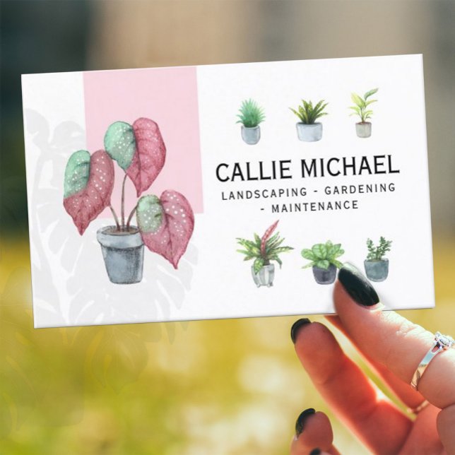 Carte De Visite Aquarelle rose et vert Plante poté (#WatercolorGreenery #plant lovers #Nursery #cactuspottedplants #kawaiiplants #BohoWatercolor #modern)