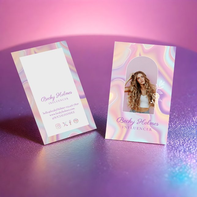 Carte De Visite Aquarelle rose et violet Design holographique Beau (Two blank white vertical purple and pink irridencent holographic 
 surface with both cards resting o)