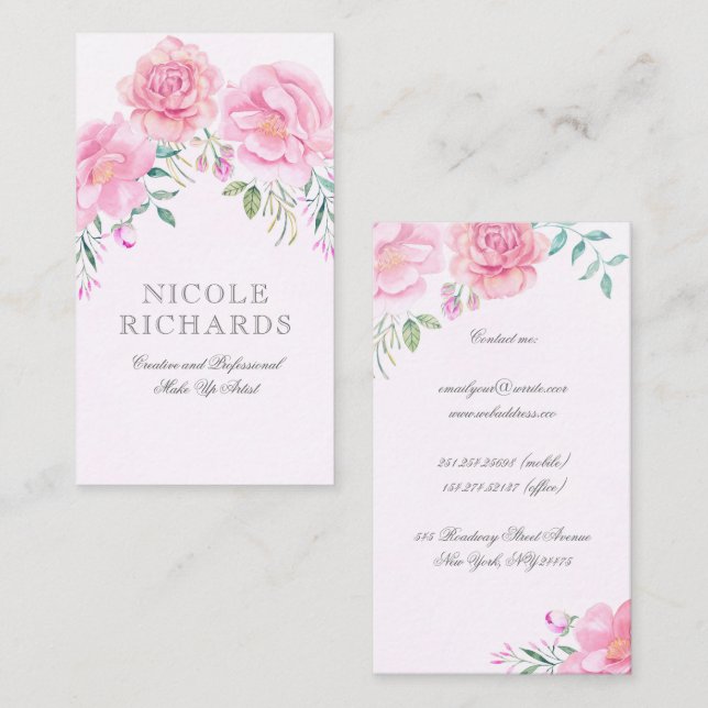 Carte De Visite Aquarelle rose Fleurs Bouquet Beauté élégante (Devant / Derrière)