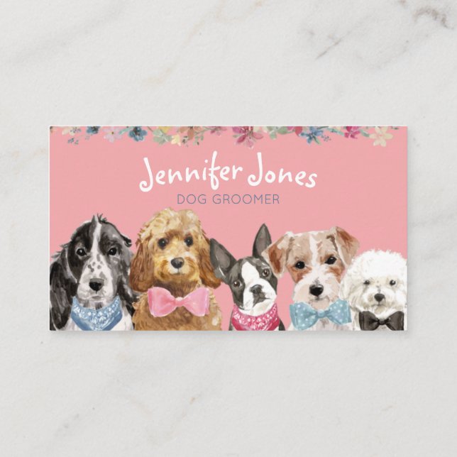Carte De Visite Aquarelle rose Floral Chien race Chien Groomer  (Dos)