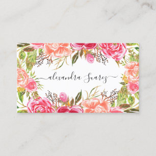 Carte De Visite Aquarelle rose Floral Élégant Black Stripes Chic