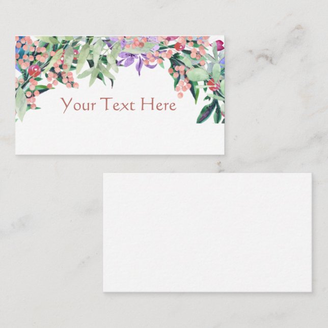 Carte De Visite Aquarelle rose floral et vert olive (Devant / Derrière)