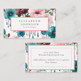 Carte De Visite Aquarelle rose floral, Fleurs Turquoises rouges