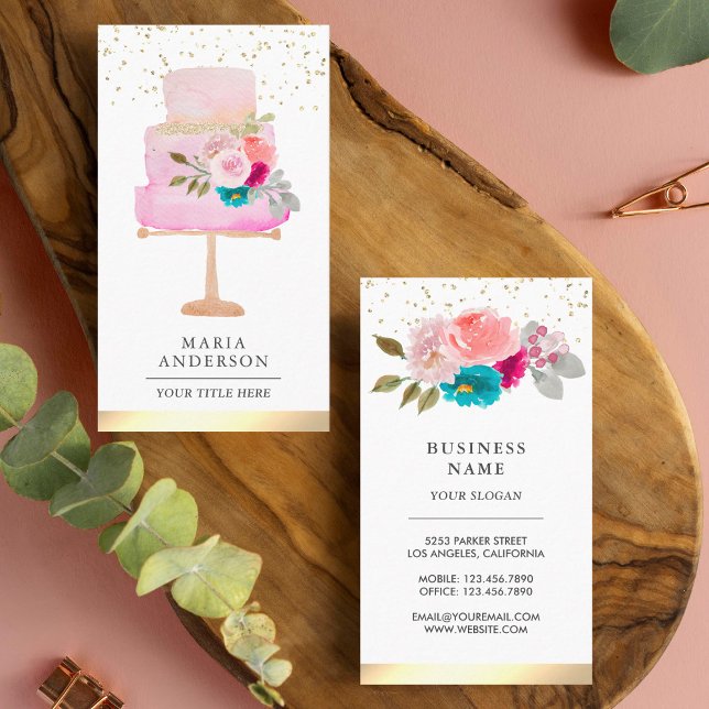 Carte De Visite Aquarelle rose Floral Gâteau pâtisserie Chef boula (Créateur téléchargé)