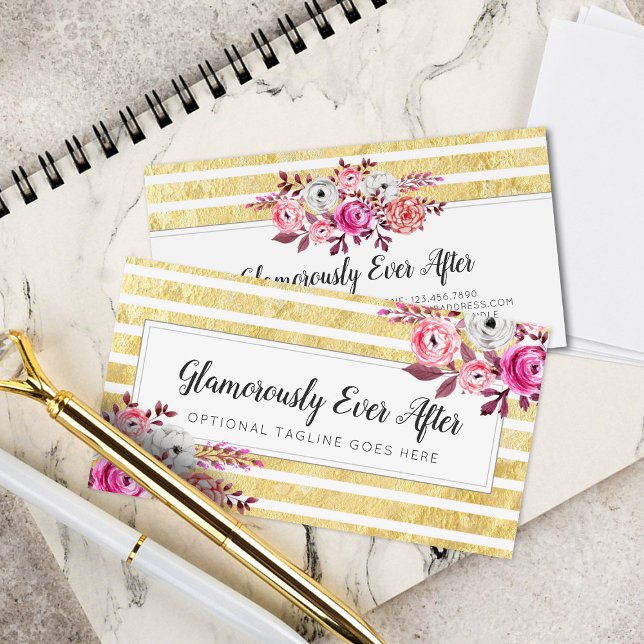 Carte De Visite Aquarelle rose Floral & Or Glam (Créateur téléchargé)