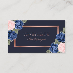 Carte De Visite Aquarelle Rose Floral Rose Marine Bleu Rose Or