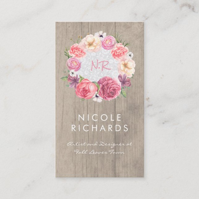 Carte De Visite Aquarelle rose Floral Wreath Bois rustique et dent (Devant)