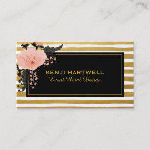 Carte De Visite Aquarelle Rose Flower & Gold Strips Professionnel
