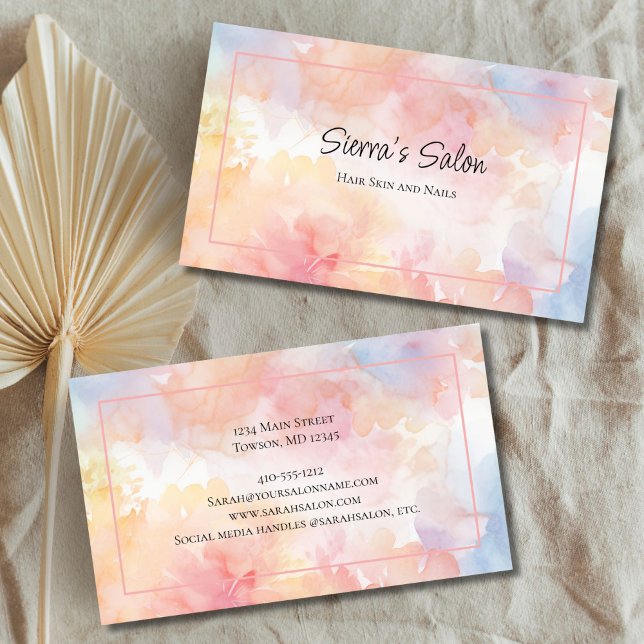 Carte De Visite Aquarelle rose Jaune Laver Cheveux Spa Salon (Pink yellow watercolor wash Hair Nails Spa Salon business card)