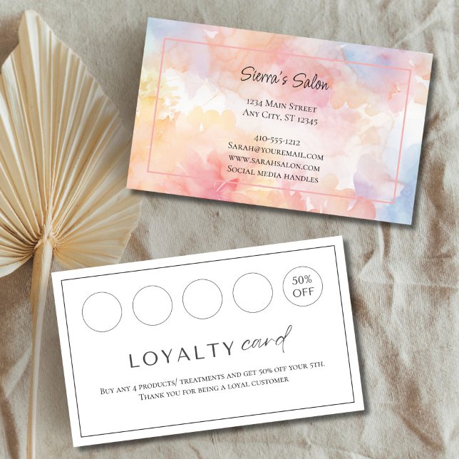 Carte De Visite Aquarelle rose Jaune Laver Salon Clou Loyauté (Pink Yellow watercolor wash Hair Salon, Nail Salon, Spa Business Loyalty card)