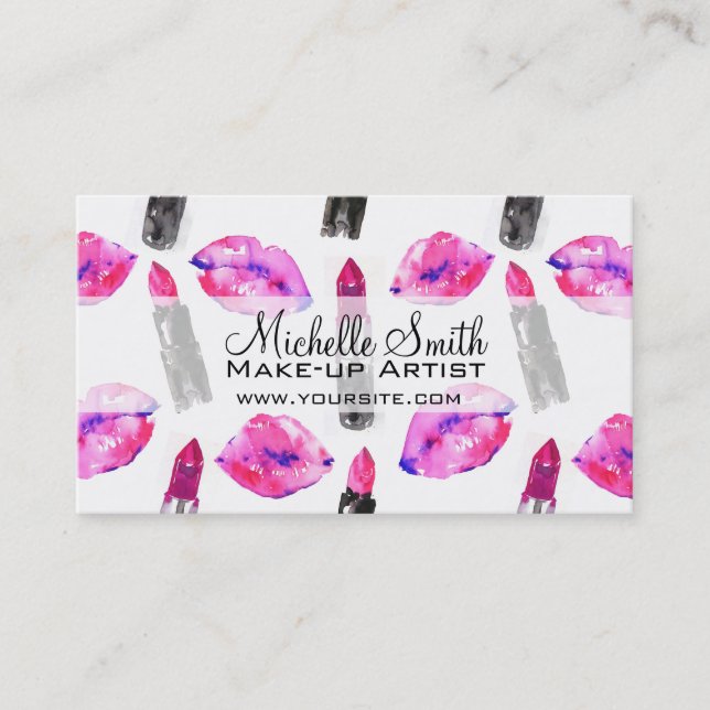 Carte De Visite Aquarelle rose lèvres rouge à lèvres motif maquill (Devant)