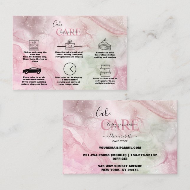 Carte De Visite Aquarelle rose or moderne Cake Care Business Ca (Devant / Derrière)