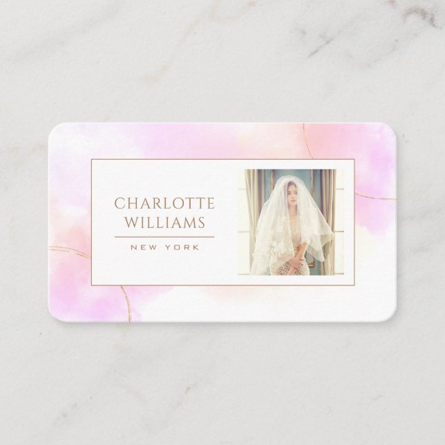 Carte De Visite Aquarelle rose or Personnalisée Photo élégante Bla (Devant)