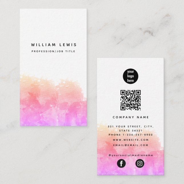 Carte De Visite Aquarelle rose orange QR Code Médias sociaux (Devant / Derrière)