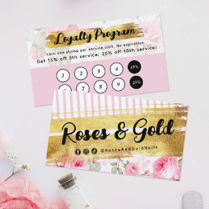Carte De Visite Aquarelle rose pâle Roses & Timbre de fidélité or