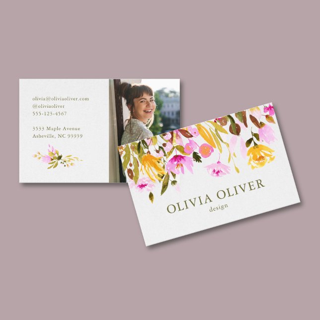 Carte De Visite Aquarelle rose Personnalisée Photo florale (Créateur téléchargé)