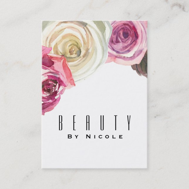 Carte De Visite Aquarelle Rose rose blanc floral glam chic (Devant)
