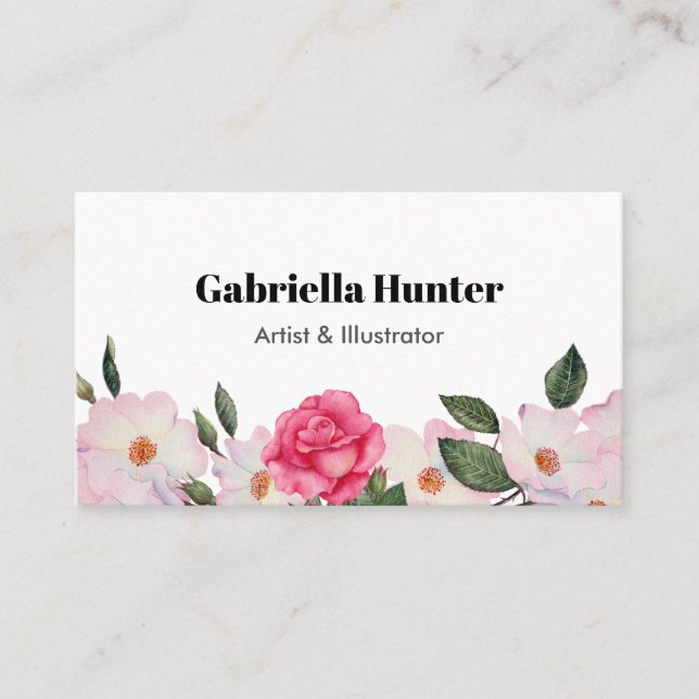 Carte De Visite Aquarelle rose Roses blanches Ballerina Floral (Devant)