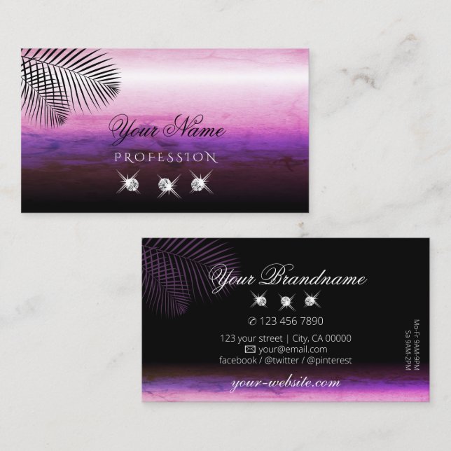 Carte De Visite Aquarelle rose violet Palm Bijoux Feuille frappant (Devant / Derrière)