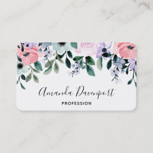 Carte De Visite Aquarelle rose violet vert à la frontière florale