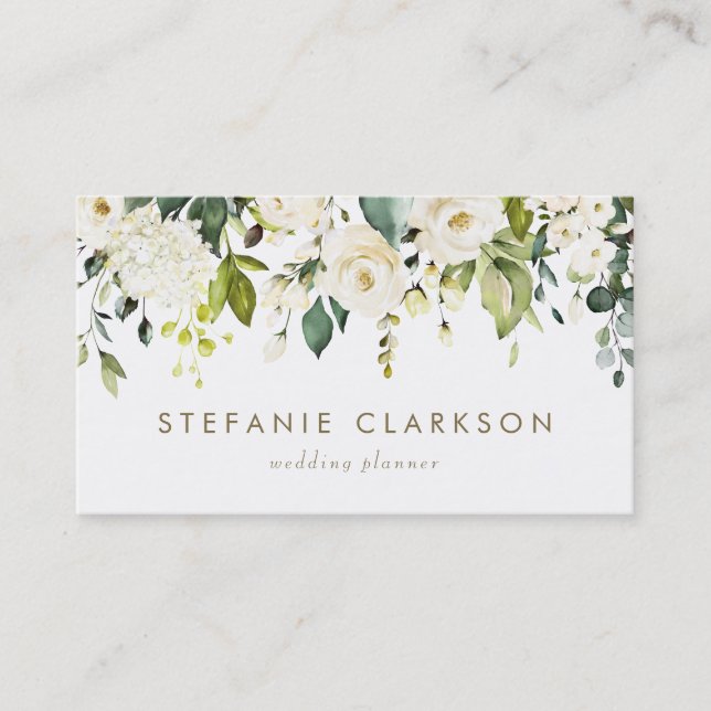 Carte De Visite Aquarelle Roses blanches et Hydrangeas Garland (Devant)