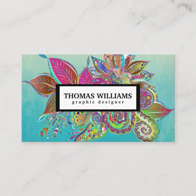Carte De Visite Aquarelle rouge bleu floral motif (Devant)