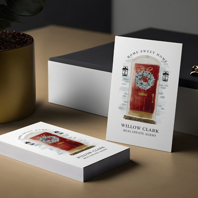 Carte De Visite Aquarelle rouge devant porte Wreath Immobilier (Red Watercolor Front Door Wreath Real Estate Business Card)