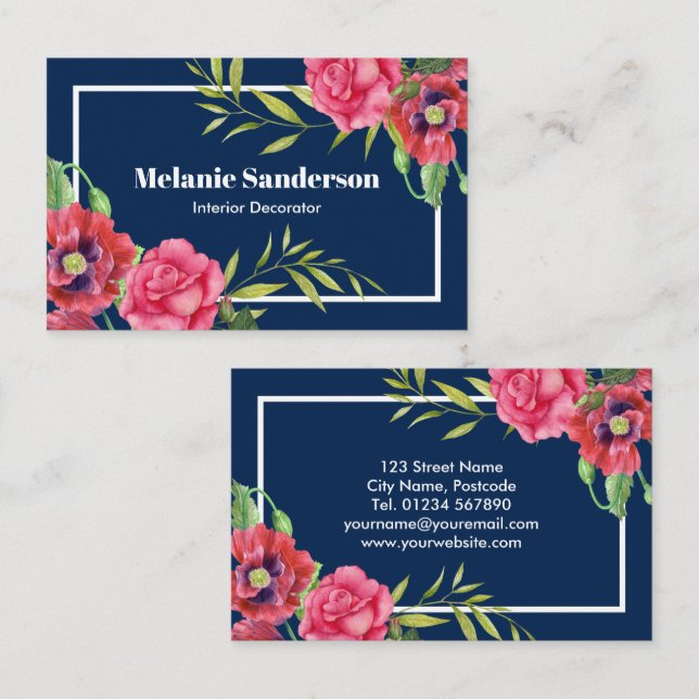 Carte De Visite Aquarelle Rouge et rose Fleurs sur bleu marine fon (Devant / Derrière)
