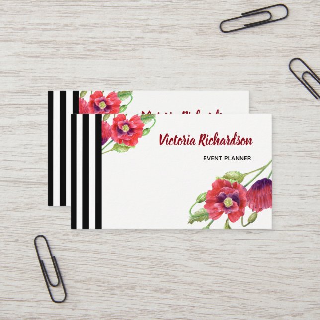 Carte De Visite Aquarelle rouge pavois à fleurs (Devant/Arrière en situation)