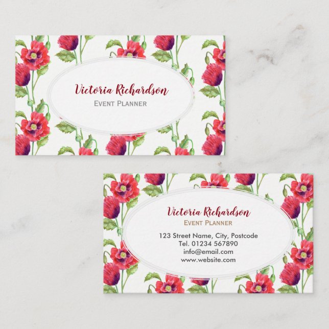 Carte De Visite Aquarelle rouge pavot floral Art blanc ovale (Devant / Derrière)
