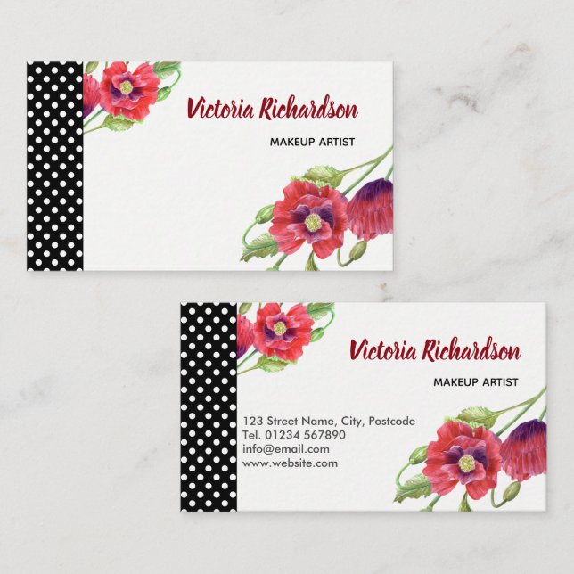 Carte De Visite Aquarelle Rouge Poppies Design floral (Devant / Derrière)