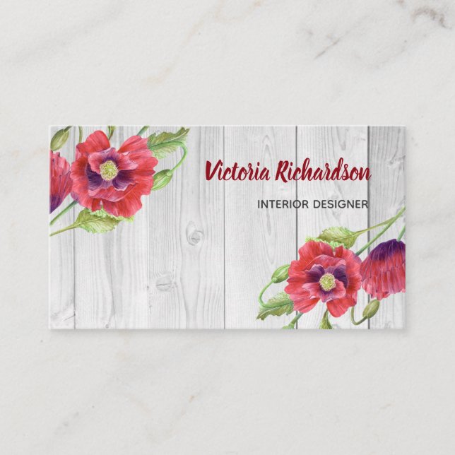 Carte De Visite Aquarelle rustique Rouge Poppies Design floral (Devant)