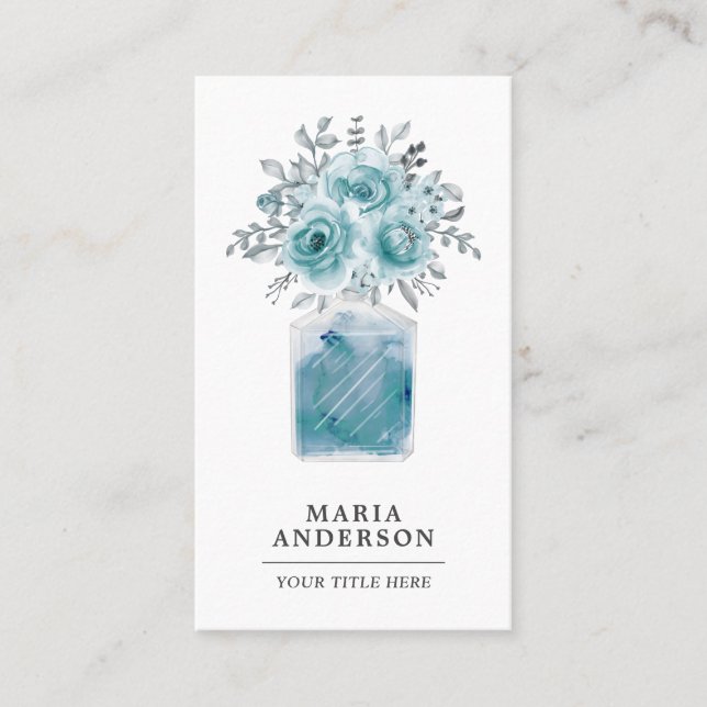 Carte De Visite Aquarelle Rustique Vert de la mer Floral Bouteille (Devant)