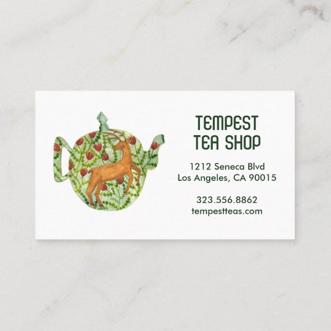Carte De Visite Aquarelle Teapot Deer Floral Tea Shop Café Herbal (Dos)