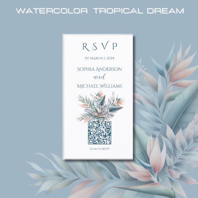 Carte De Visite Aquarelle Tropical Dream-RSVP-QR code- (Watercolor Tropical Dream Wedding RSVP QR code-Coastal-Pastel Colors)