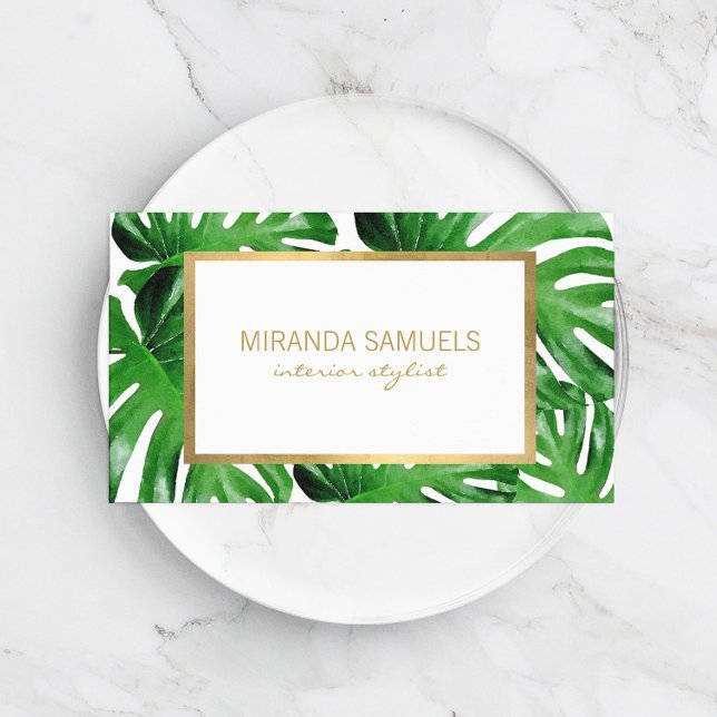Carte De Visite Aquarelle Tropical Monstera Feuille Motif (Créateur téléchargé)