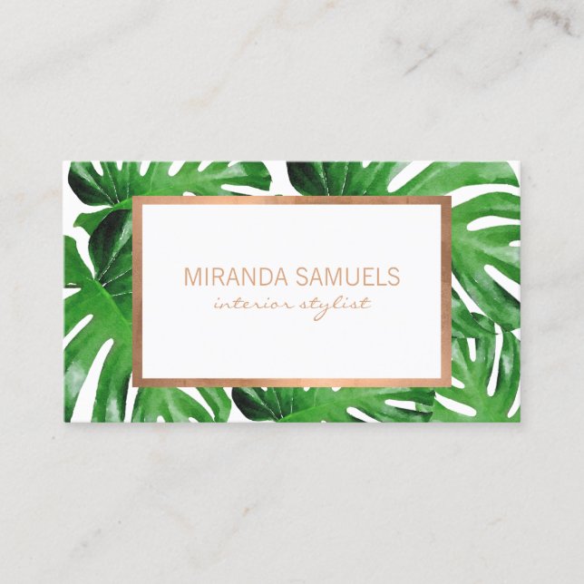 Carte De Visite Aquarelle Tropical Monstera Feuille Motif II (Devant)