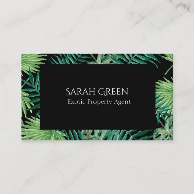 Carte De Visite Aquarelle Tropical Palm Vert Feuille Noir (Devant)