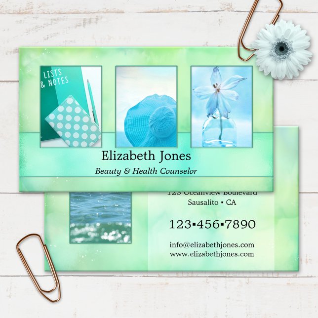 Carte De Visite Aquarelle turquoise Abstraite vos photos (Business card featuring your own photos framed by a turquoise watercolor abstract design)