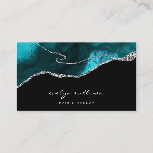 Carte De Visite aquarelle turquoise agate sur noir (Devant)
