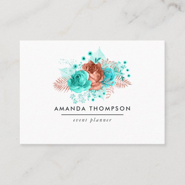 Carte De Visite Aquarelle turquoise et corail Floral (Devant)