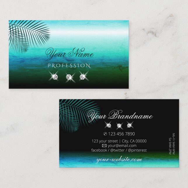 Carte De Visite Aquarelle Turquoise moderne Palm Feuille Bijoux él (Devant / Derrière)