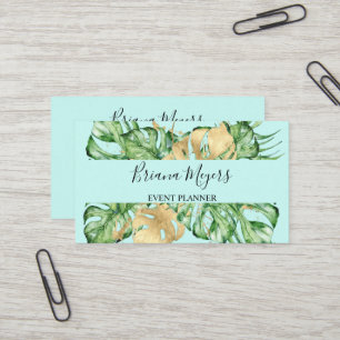 Carte De Visite Aquarelle Verdure Palm Feuille Gold Tropic Turquoi